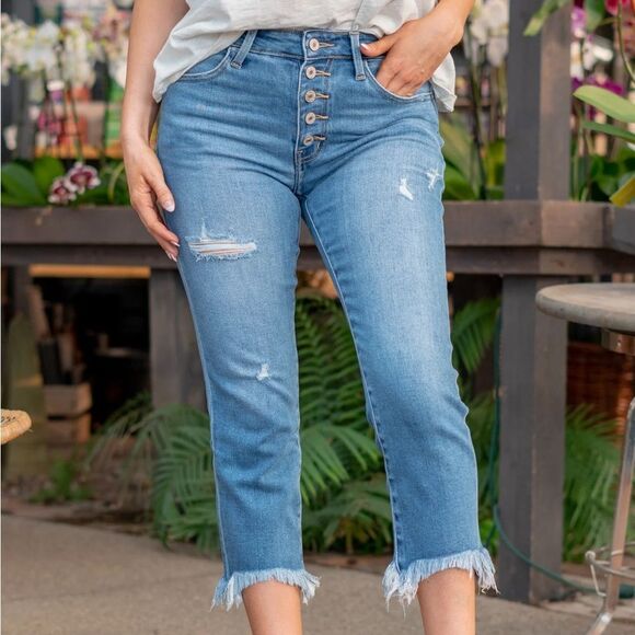 KanCan Stylish Blue Distressed Women's crop Jeans - Picture 1 of 8